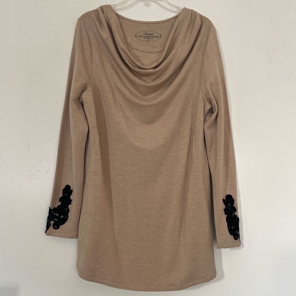 Soma Cowl Neck Dress Large Elevated Casual Lounge Wear Long Sleeve Lace Detail